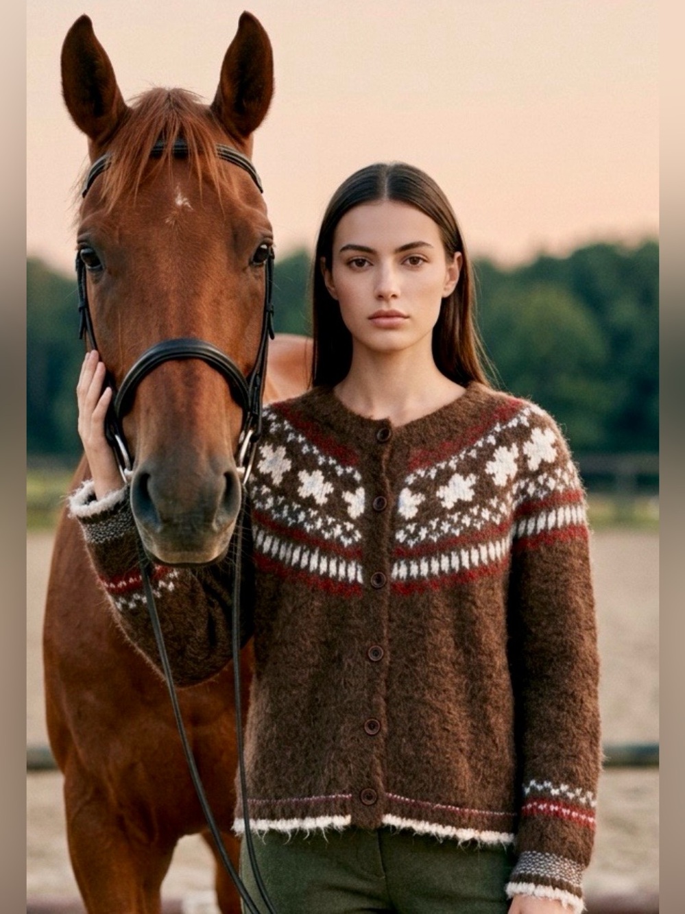 Woman’s Fair Isle Cardigan Sweater w/Raglan Sleeves & Faux Wooden Buttons L